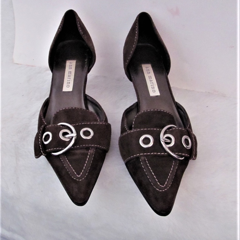 Brown suede slip ons with buckle pointy toe 6 1/2